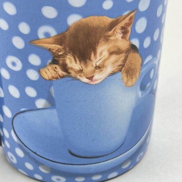Keith Kimberlin Kitten Sleeping in Cup Coffee Tea Mug Blue Polka Dot - Picture 2 of 9